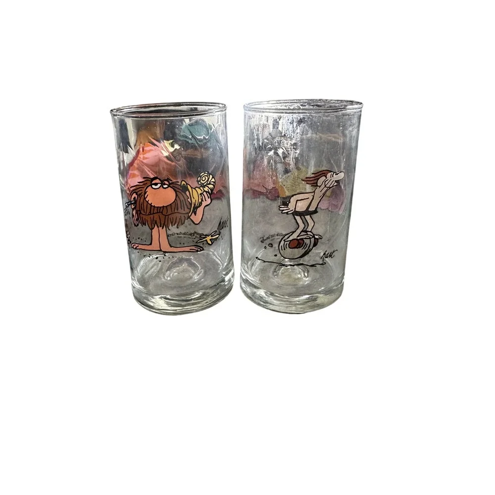 Vintage BC Comic Johnny Hart Drinking Glasses Set of 2 Caveman Barware 5 Inch